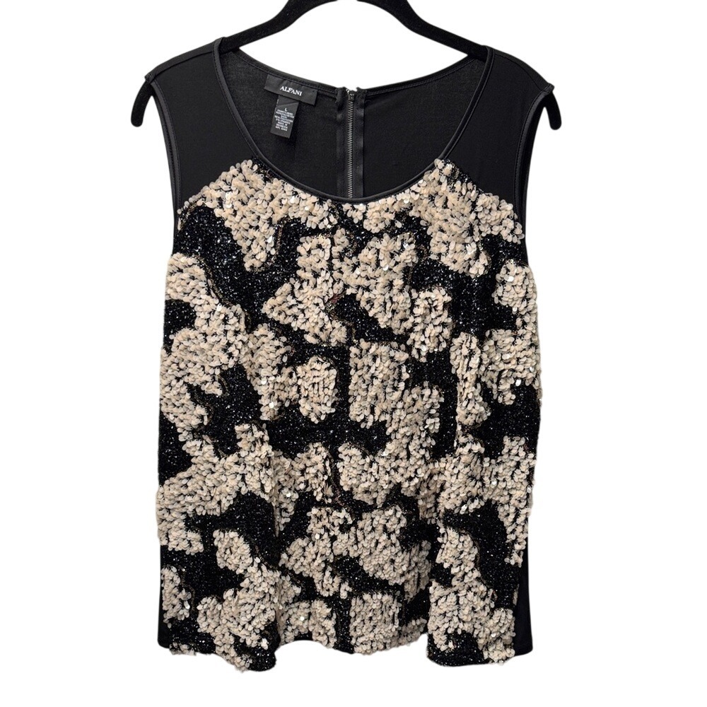 Alfani‎ Womens Large Black Champagne Sequin Sleeveless Blouse Zipper Back Top L